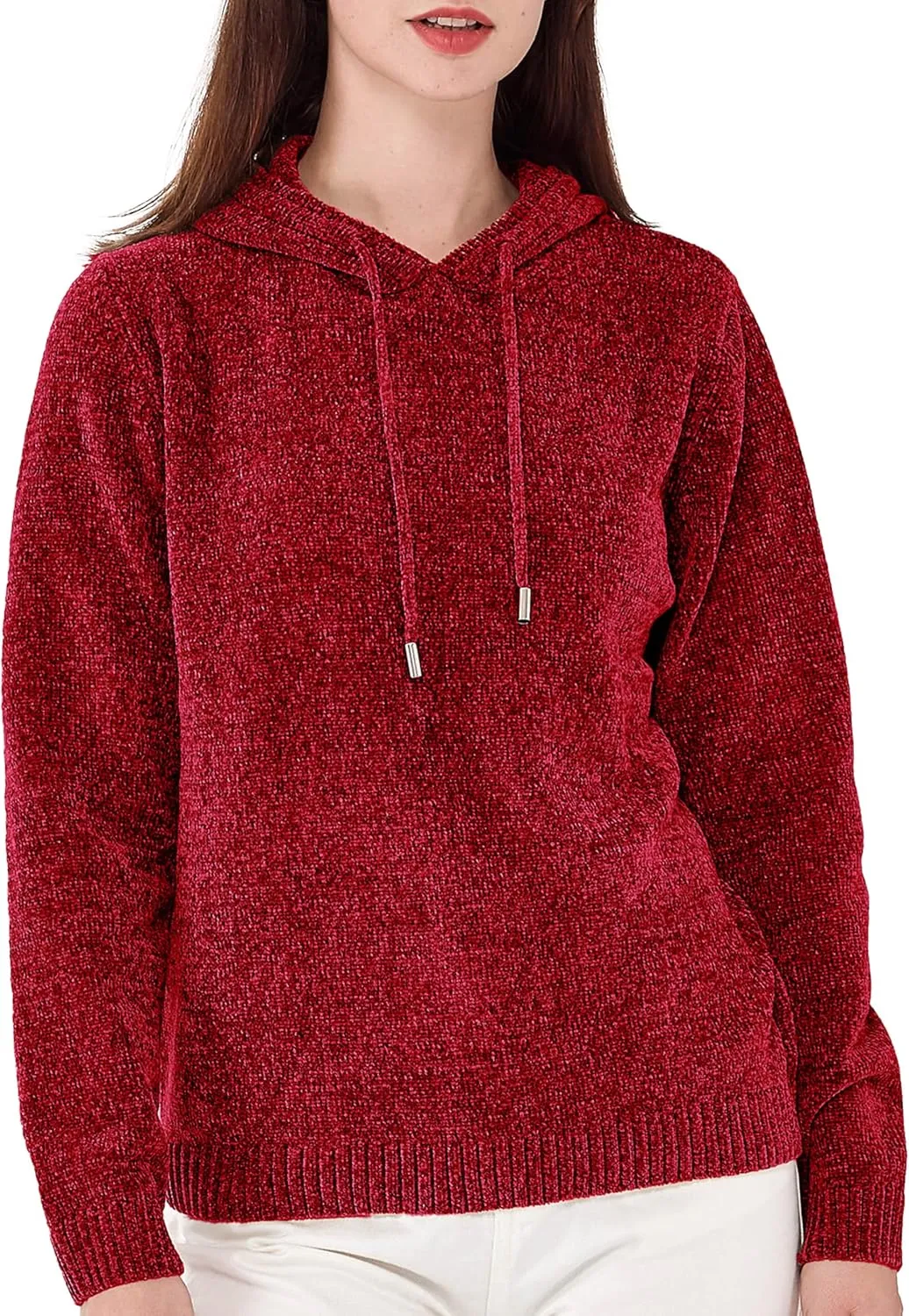 Simple&Opulence Women's Chenille Sweater Drawstring Hooded Long Sleeve Pullover Ribbed Cuff Hem Jumper Tops