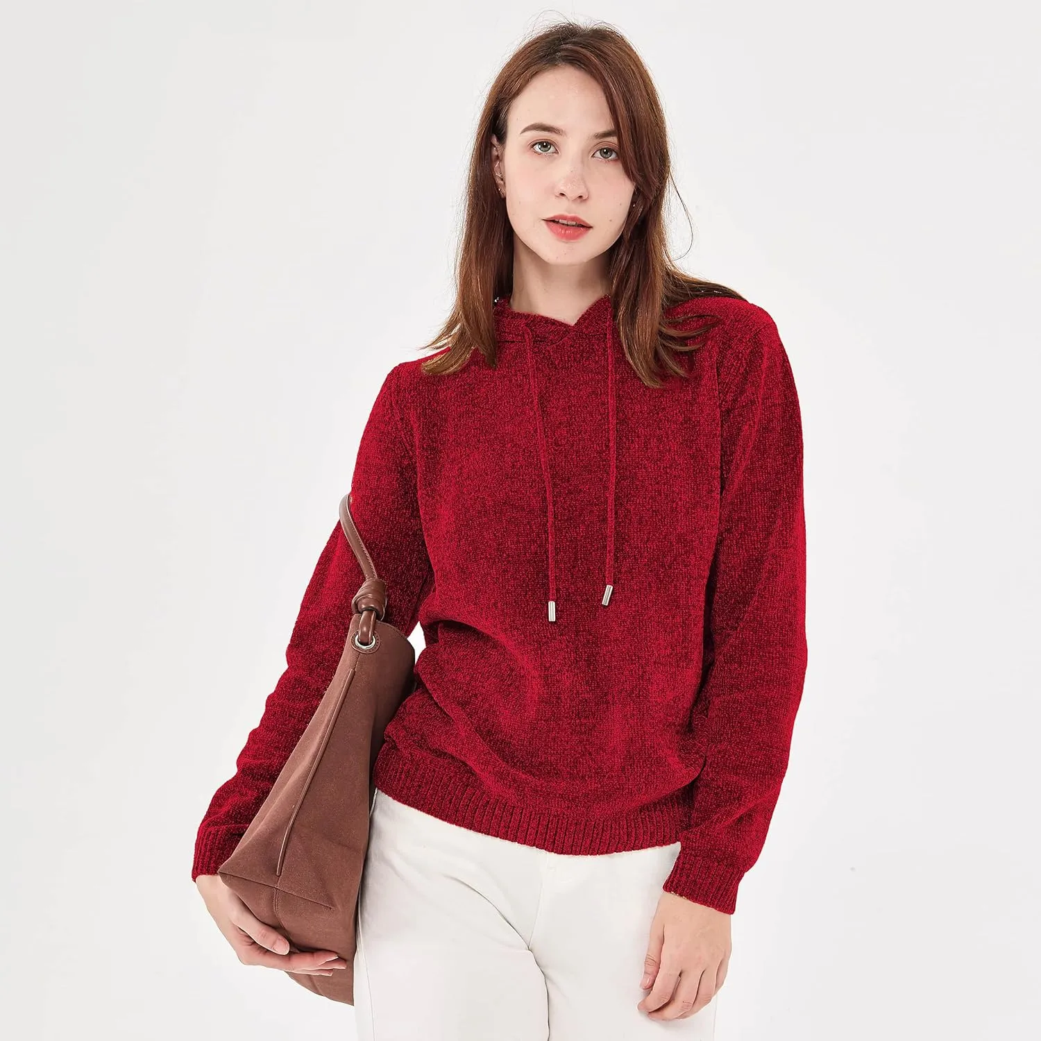 Simple&Opulence Women's Chenille Sweater Drawstring Hooded Long Sleeve Pullover Ribbed Cuff Hem Jumper Tops