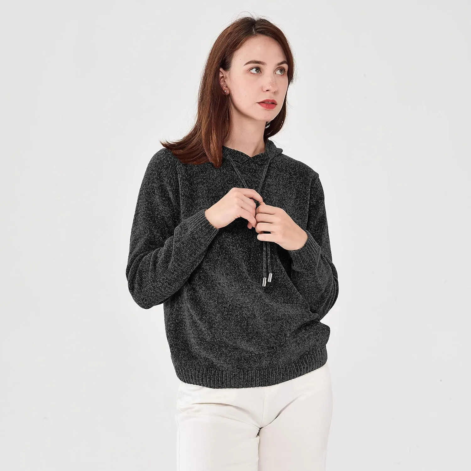 Simple&Opulence Women's Chenille Sweater Drawstring Hooded Long Sleeve Pullover Ribbed Cuff Hem Jumper Tops