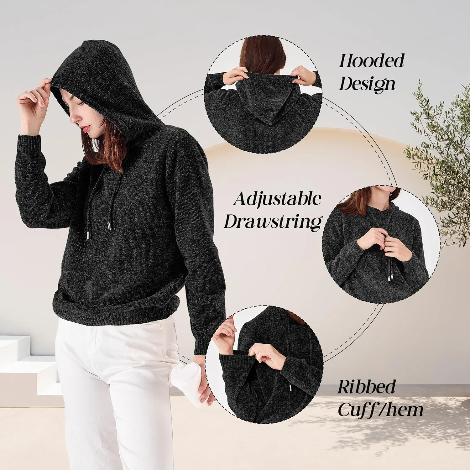 Simple&Opulence Women's Chenille Sweater Drawstring Hooded Long Sleeve Pullover Ribbed Cuff Hem Jumper Tops