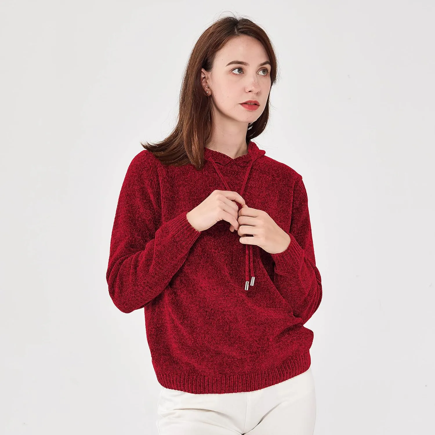 Simple&Opulence Women's Chenille Sweater Drawstring Hooded Long Sleeve Pullover Ribbed Cuff Hem Jumper Tops