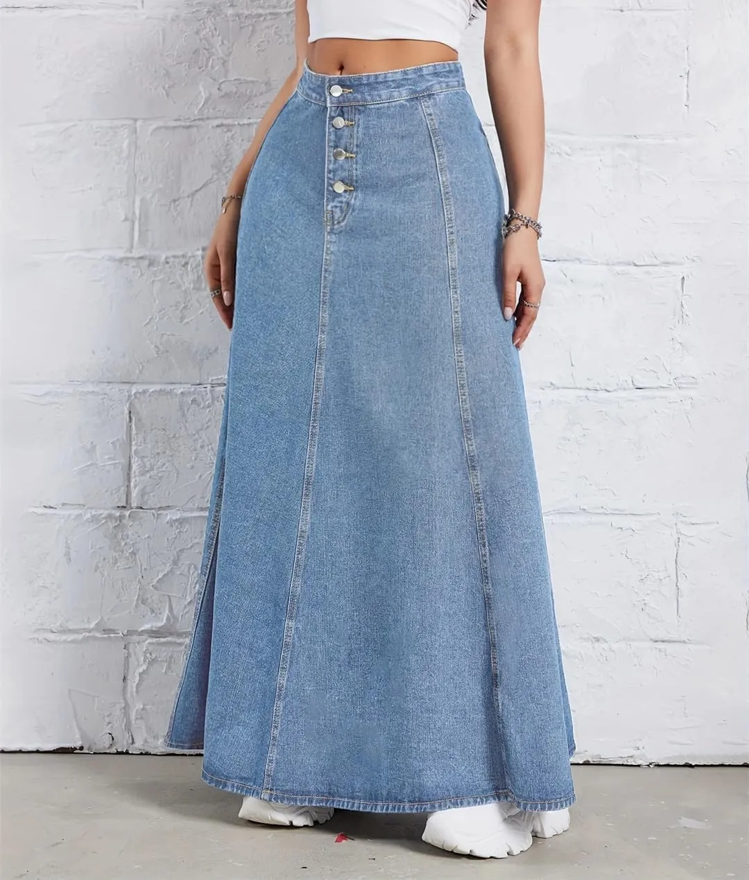 Single-Breasted Ankle-Length Denim Skirt Women's High-Waisted Slimming A-Line Umbrella Skirt
