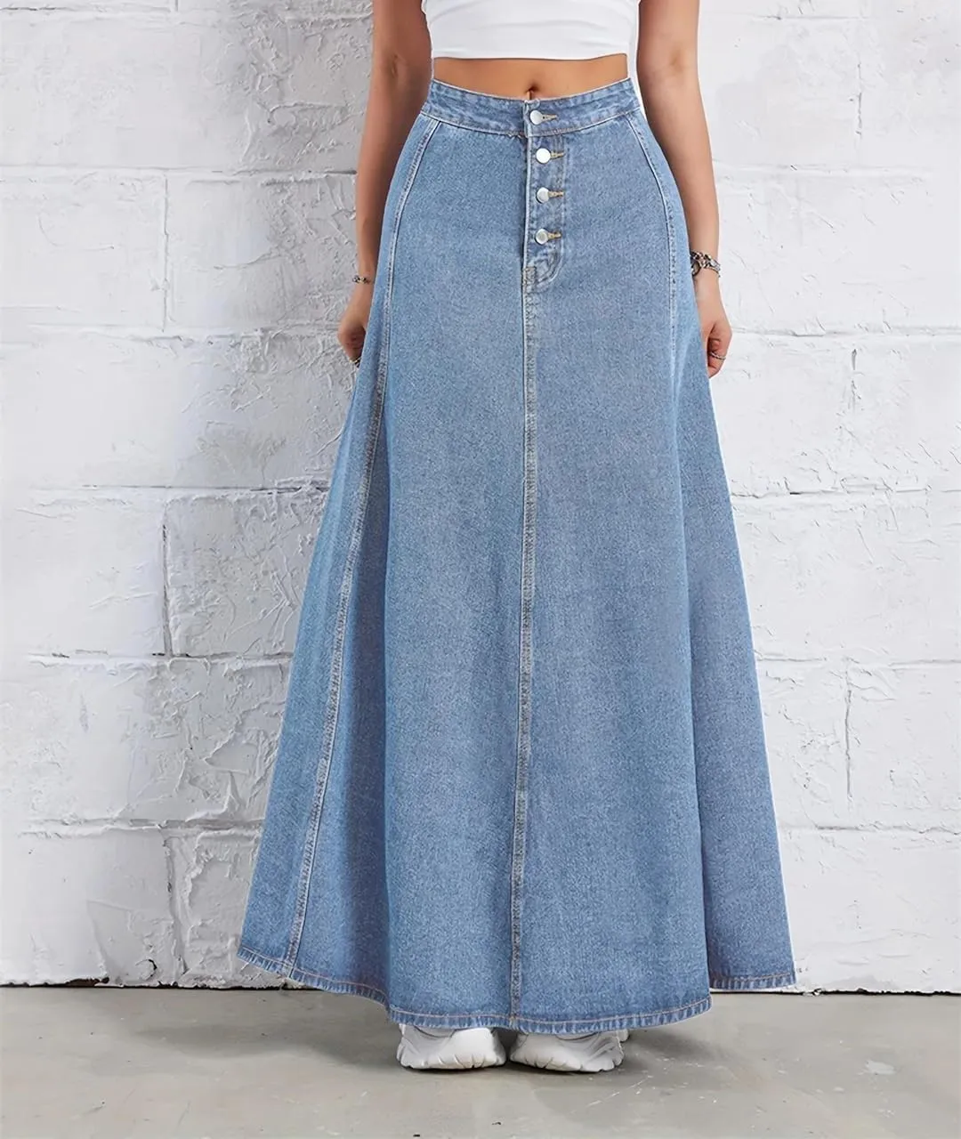 Single-Breasted Ankle-Length Denim Skirt Women's High-Waisted Slimming A-Line Umbrella Skirt