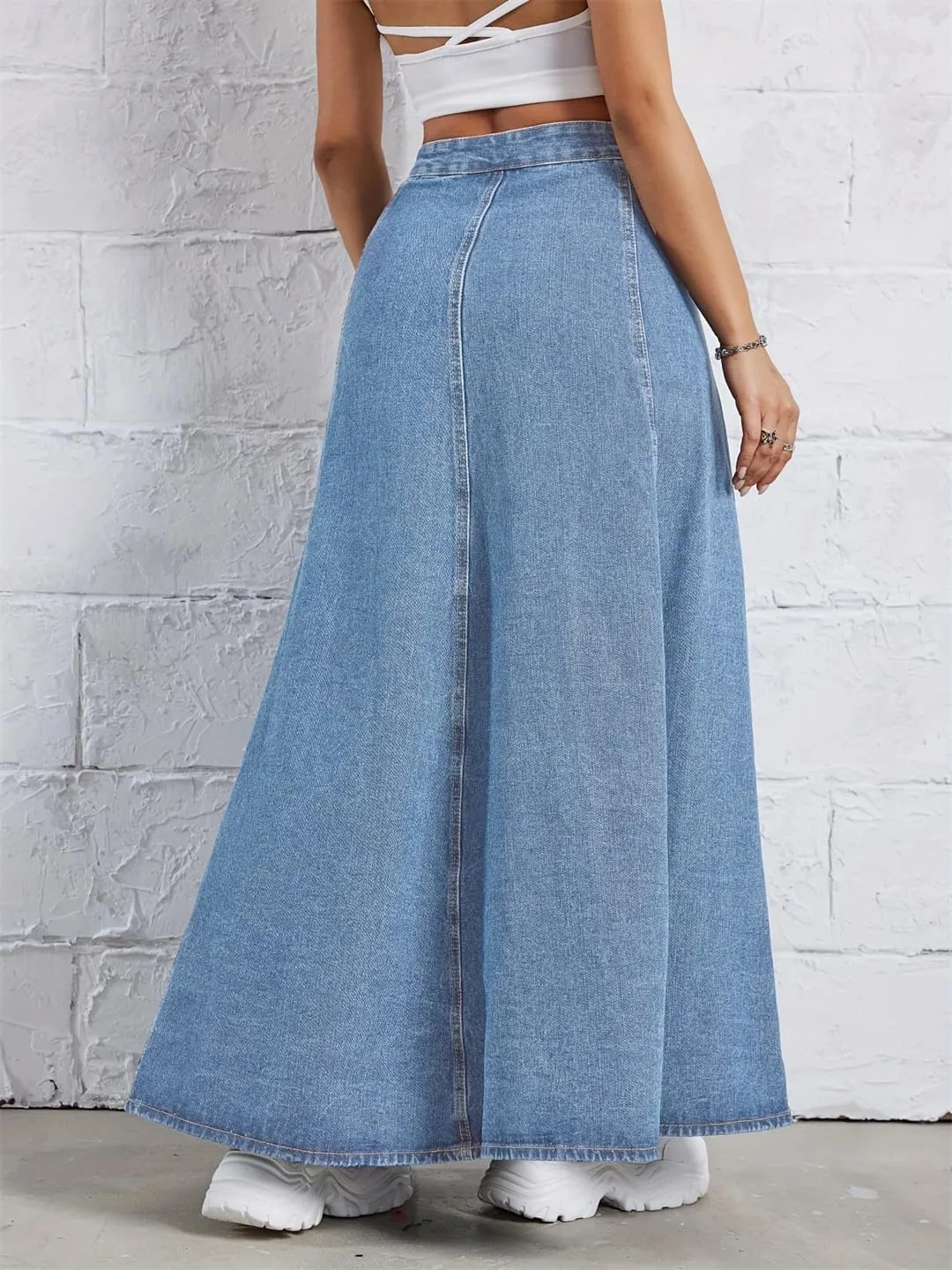 Single-Breasted Ankle-Length Denim Skirt Women's High-Waisted Slimming A-Line Umbrella Skirt