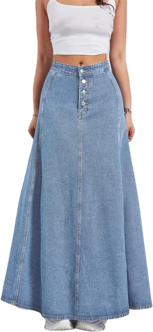Single-Breasted Ankle-Length Denim Skirt Women's High-Waisted Slimming A-Line Umbrella Skirt
