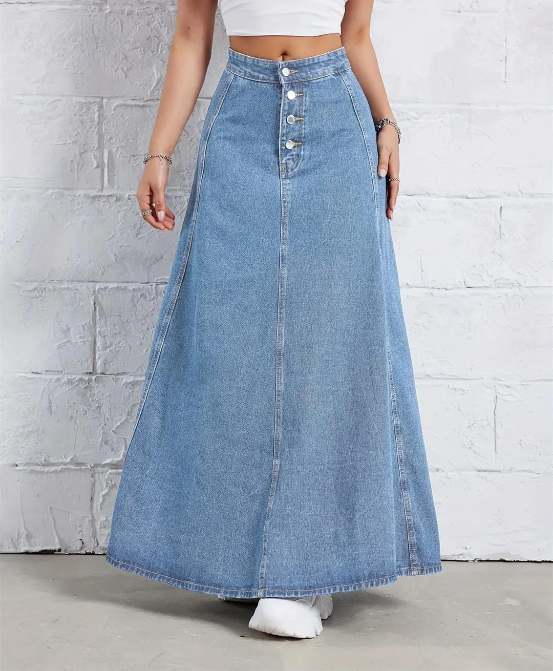 Single-Breasted Ankle-Length Denim Skirt Women's High-Waisted Slimming A-Line Umbrella Skirt