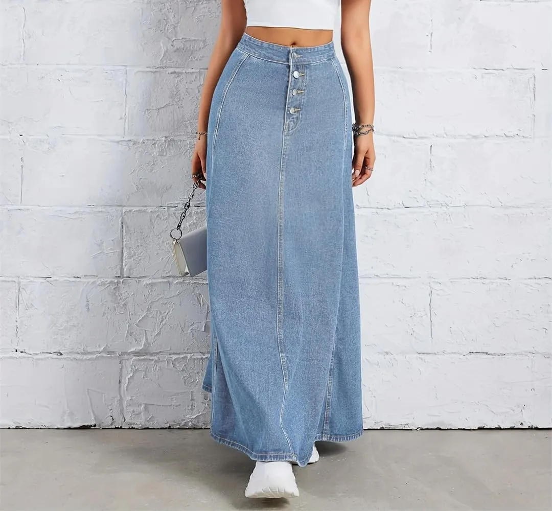 Single-Breasted Ankle-Length Denim Skirt Women's High-Waisted Slimming A-Line Umbrella Skirt