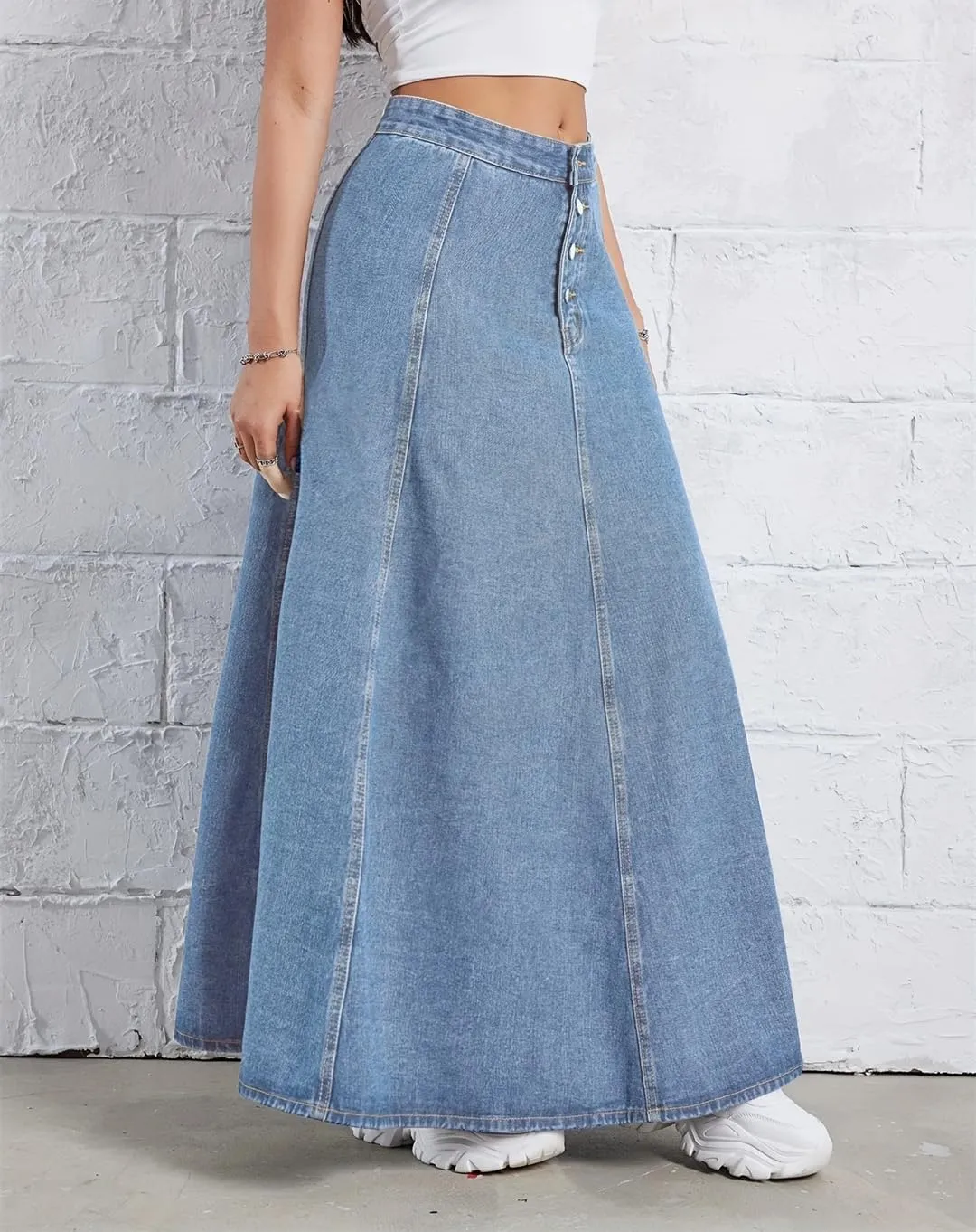 Single-Breasted Ankle-Length Denim Skirt Women's High-Waisted Slimming A-Line Umbrella Skirt