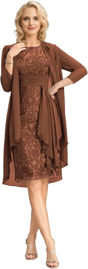 SIPUHK 2 Pieces Mother of The Bride Dresses with Jacket Lace Applique 3/4 Sleeve Bodycon Formal Dress for Women Wedding Guest
