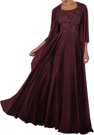 SIPUHK 2 Pieces Mother of The Bride Dresses with Jacket Lace Chiffon 3/4 Sleeve Long Formal Dress for Women Wedding Guest