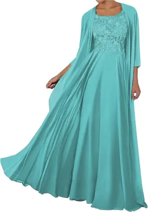 SIPUHK 2 Pieces Mother of The Bride Dresses with Jacket Lace Chiffon 3/4 Sleeve Long Formal Dress for Women Wedding Guest