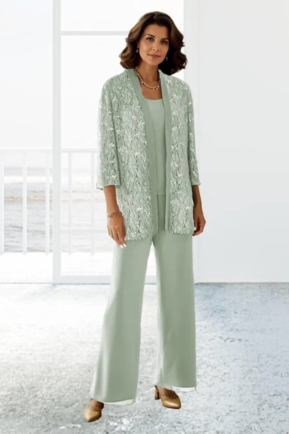 SIPUHK 3 Piece Mother of The Bride Pantsuits with Jackets Lace Sequin Long Sleeve Sparkly Formal Pant Suits for Women Dressy