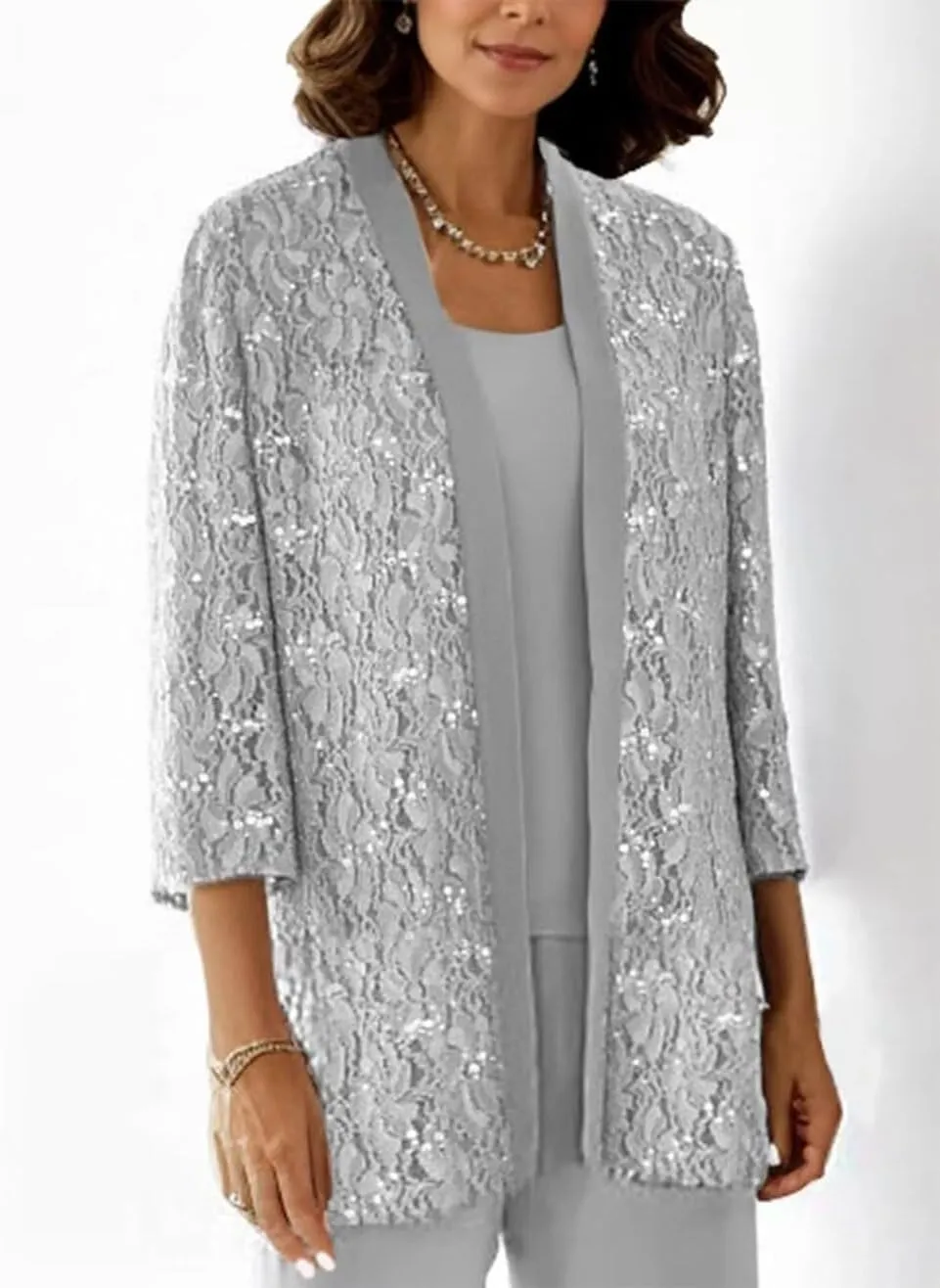 SIPUHK 3 Piece Mother of The Bride Pantsuits with Jackets Lace Sequin Long Sleeve Sparkly Formal Pant Suits for Women Dressy