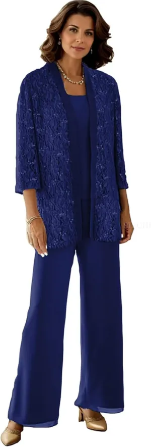 SIPUHK 3 Piece Mother of The Bride Pantsuits with Jackets Lace Sequin Long Sleeve Sparkly Formal Pant Suits for Women Dressy