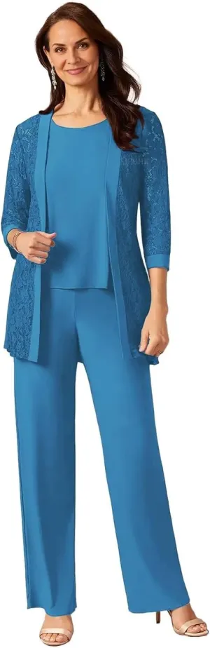 SIPUHK 3 Pieces Mother of The Bride Pantsuits with Jackets Lace 3/4 Sleeve Classy Formal Pant Suits for Women Dressy