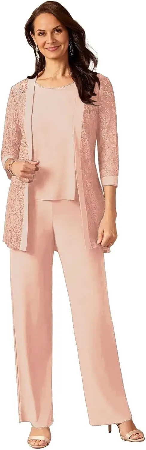 SIPUHK 3 Pieces Mother of The Bride Pantsuits with Jackets Lace 3/4 Sleeve Classy Formal Pant Suits for Women Dressy