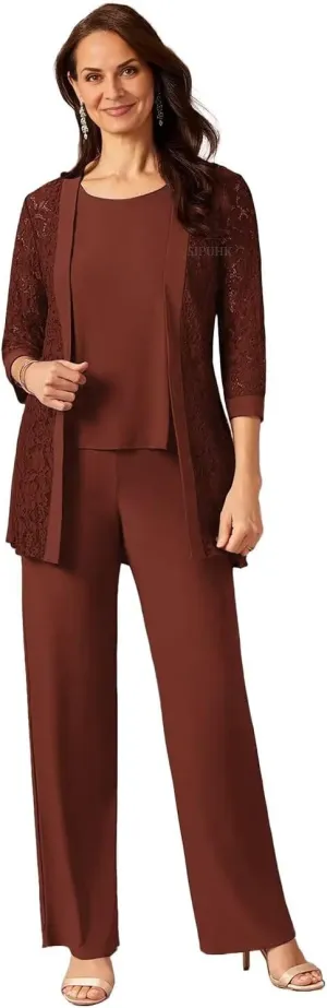 SIPUHK 3 Pieces Mother of The Bride Pantsuits with Jackets Lace 3/4 Sleeve Classy Formal Pant Suits for Women Dressy
