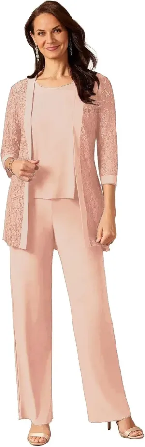 SIPUHK 3 Pieces Mother of The Bride Pantsuits with Jackets Lace 3/4 Sleeve Classy Formal Pant Suits for Women Dressy