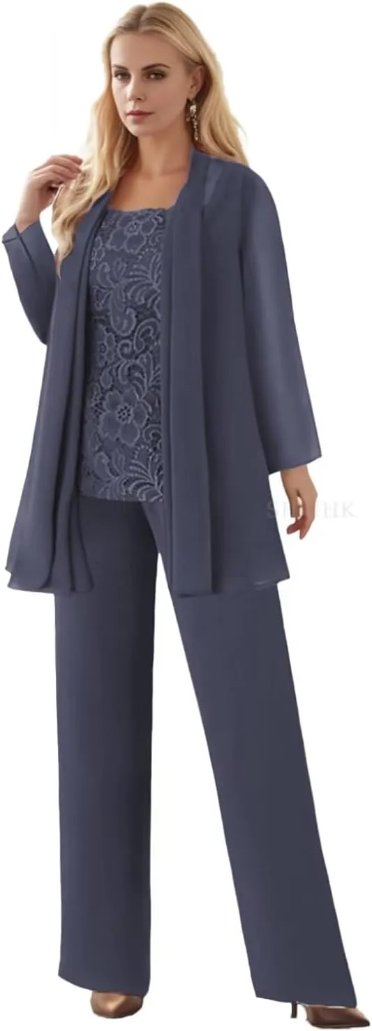 SIPUHK 3 Pieces Mother of The Bride Pantsuits with Jackets Long Sleeve Chiffon Outfit Lace Formal Pant Suits for Women Dressy