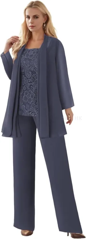 SIPUHK 3 Pieces Mother of The Bride Pantsuits with Jackets Long Sleeve Chiffon Outfit Lace Formal Pant Suits for Women Dressy