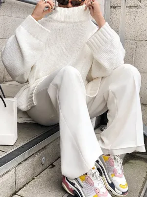 Solid Color High Neck Loose Knit Suit