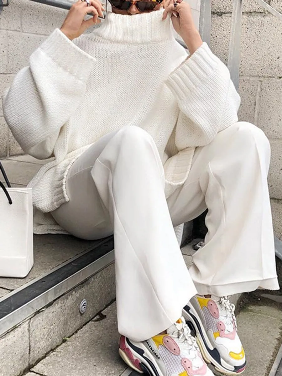 Solid Color High Neck Loose Knit Suit