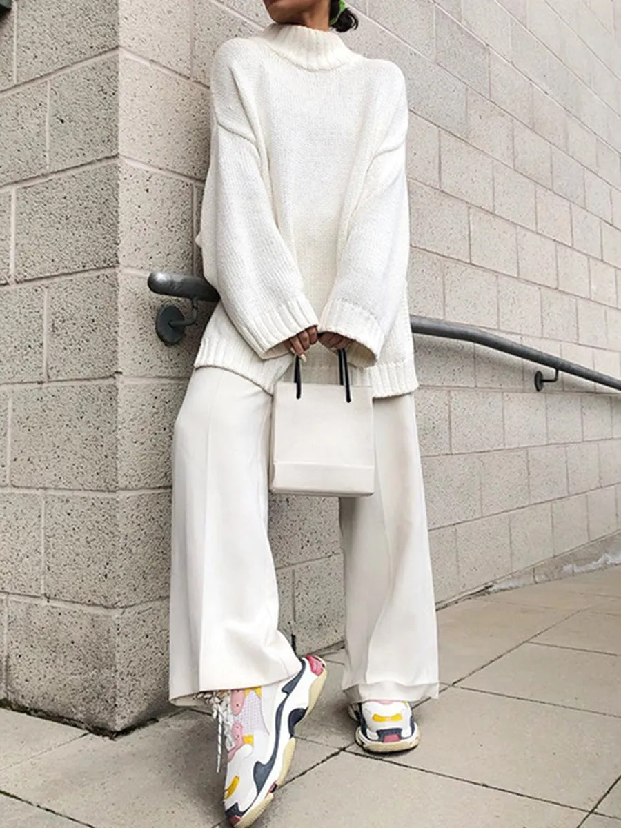 Solid Color High Neck Loose Knit Suit