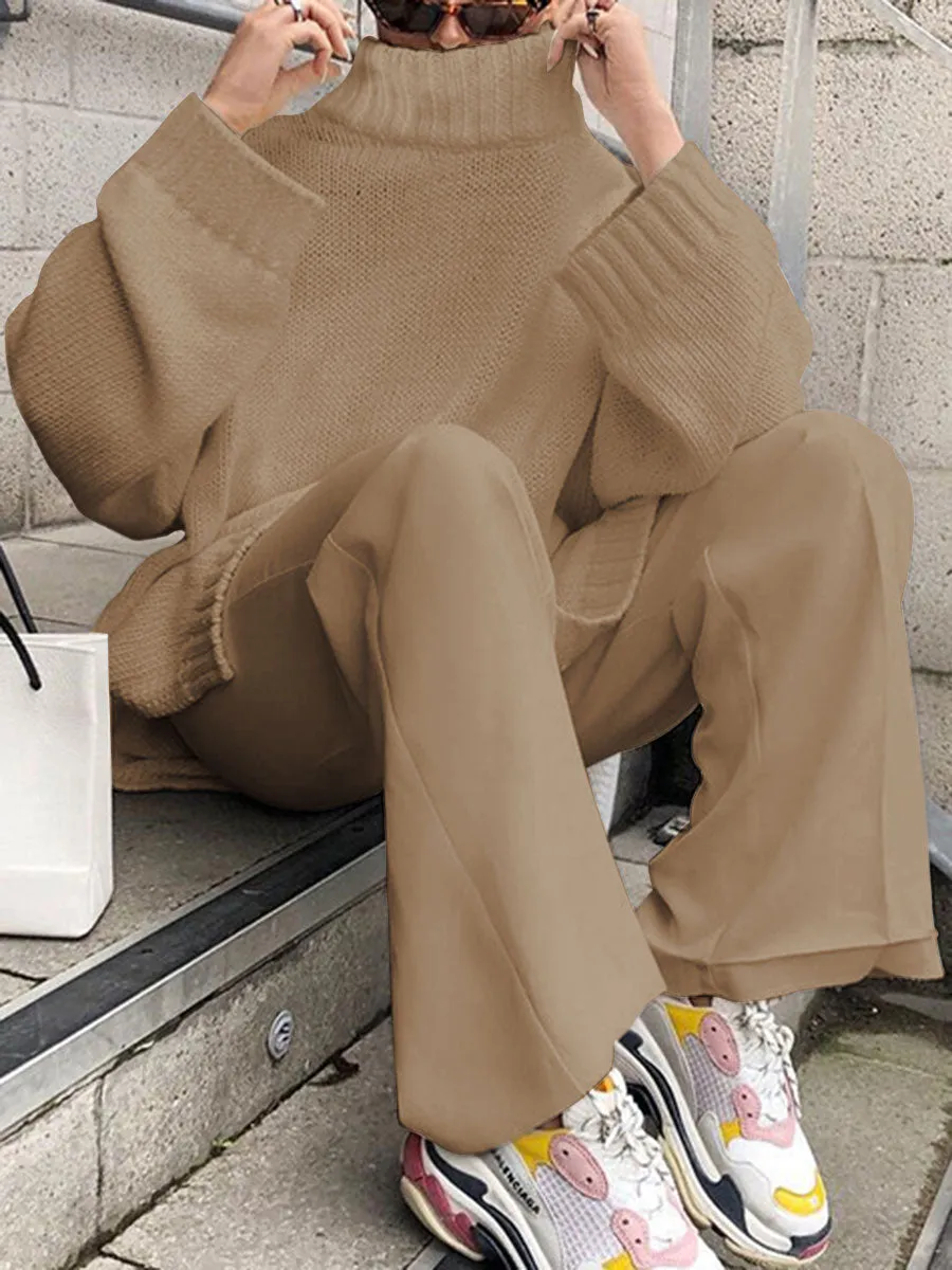 Solid Color High Neck Loose Knit Suit