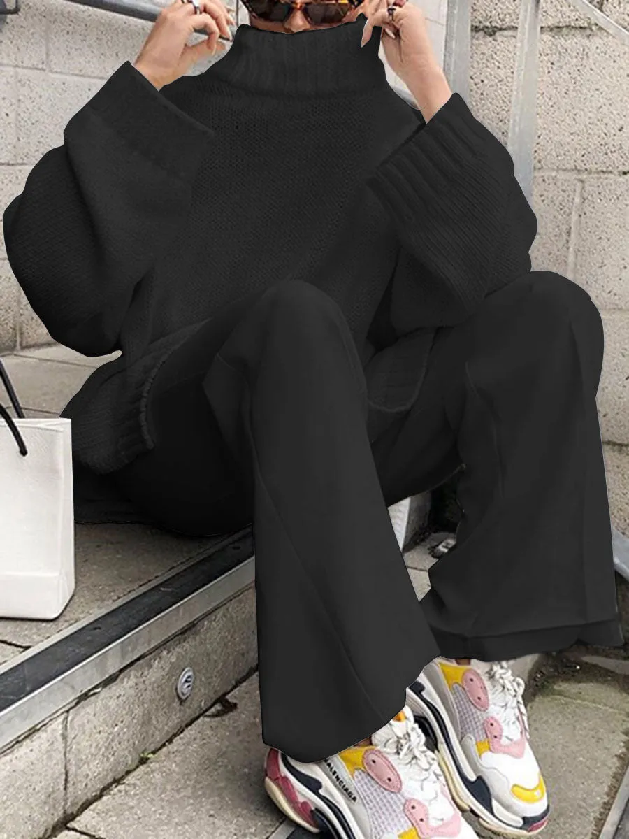 Solid Color High Neck Loose Knit Suit