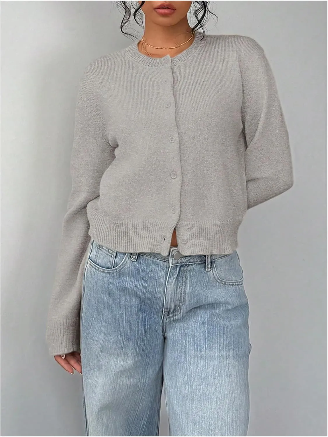 SOLY HUX Women's Button Down Long Sleeve Crewneck Crop Cardigan Sweater Cute Knitwear Clothes