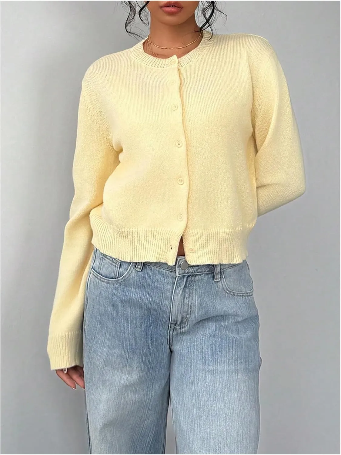SOLY HUX Women's Button Down Long Sleeve Crewneck Crop Cardigan Sweater Cute Knitwear Clothes