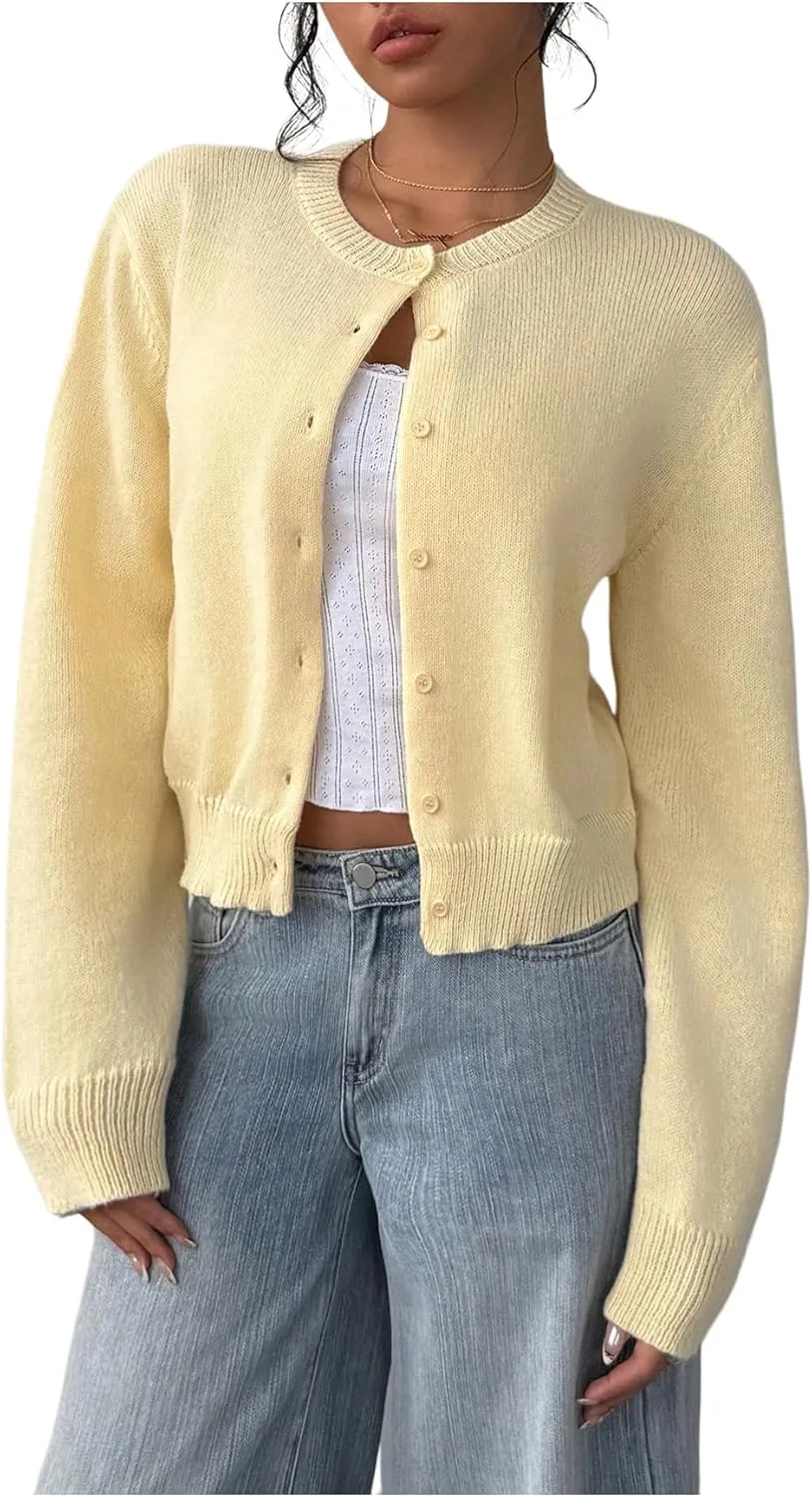 SOLY HUX Women's Button Down Long Sleeve Crewneck Crop Cardigan Sweater Cute Knitwear Clothes