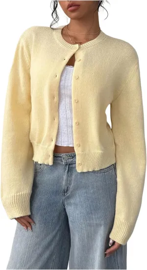 SOLY HUX Women's Button Down Long Sleeve Crewneck Crop Cardigan Sweater Cute Knitwear Clothes