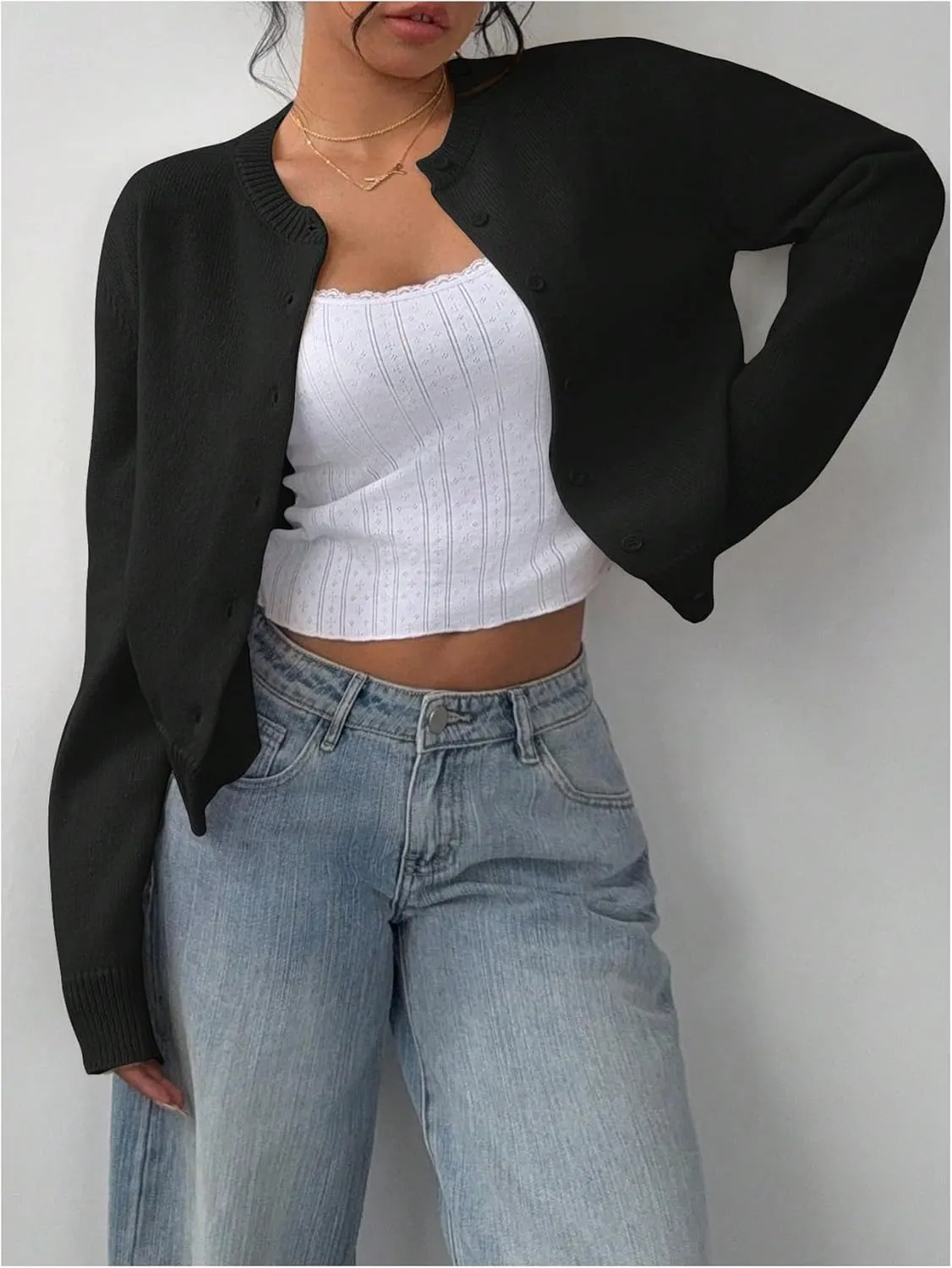 SOLY HUX Women's Button Down Long Sleeve Crewneck Crop Cardigan Sweater Cute Knitwear Clothes