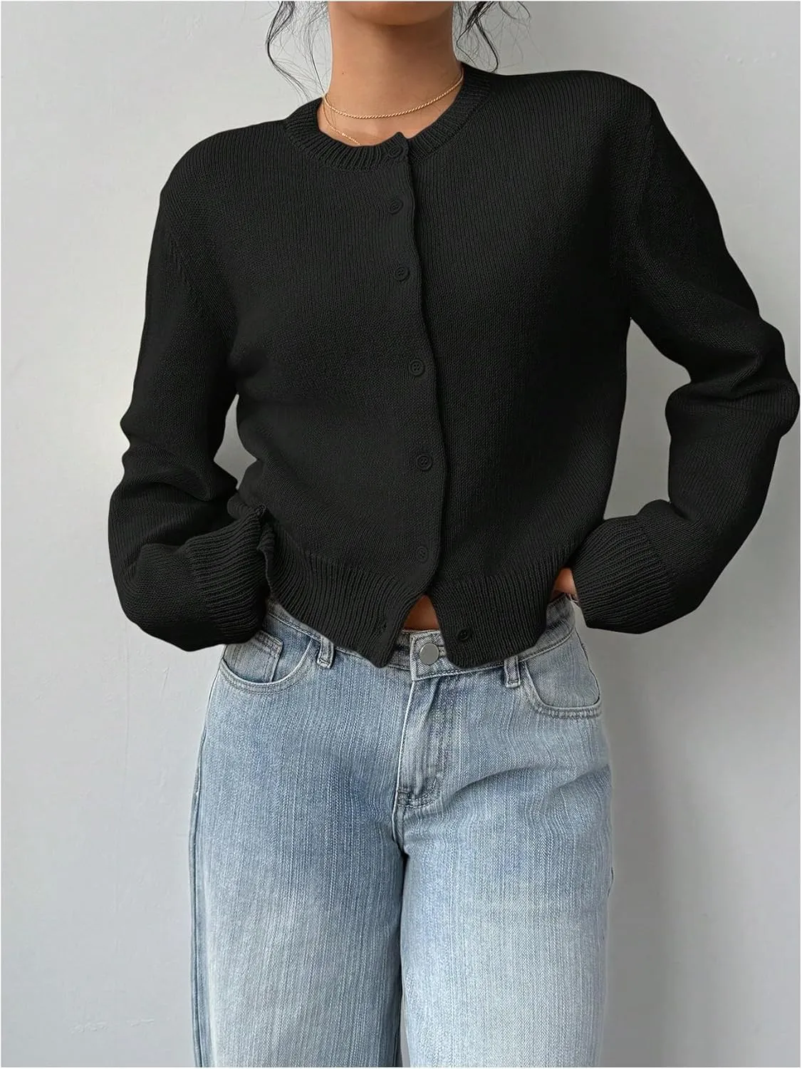 SOLY HUX Women's Button Down Long Sleeve Crewneck Crop Cardigan Sweater Cute Knitwear Clothes