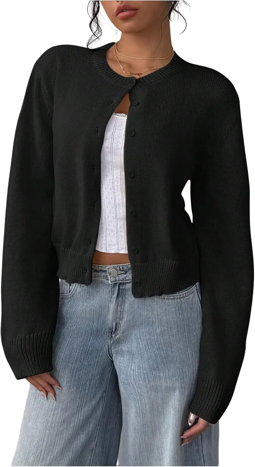 SOLY HUX Women's Button Down Long Sleeve Crewneck Crop Cardigan Sweater Cute Knitwear Clothes