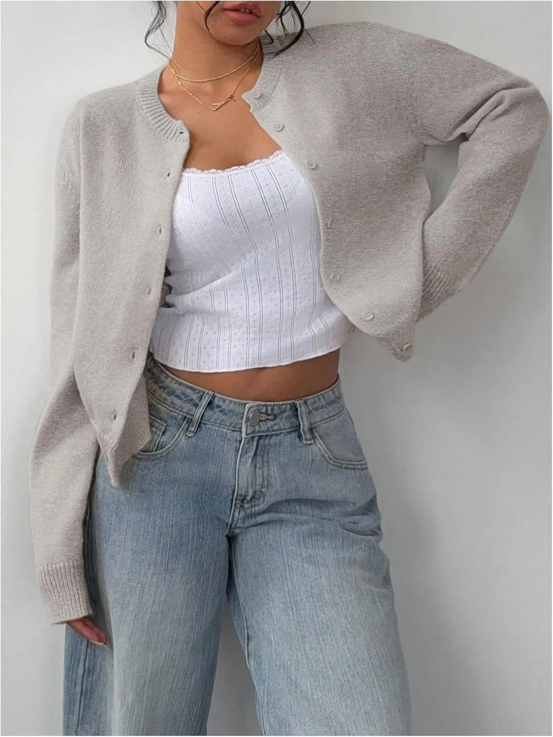 SOLY HUX Women's Button Down Long Sleeve Crewneck Crop Cardigan Sweater Cute Knitwear Clothes