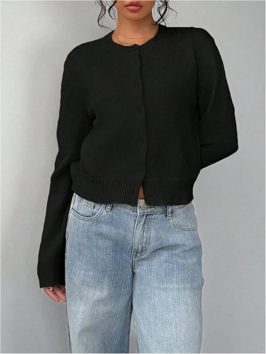 SOLY HUX Women's Button Down Long Sleeve Crewneck Crop Cardigan Sweater Cute Knitwear Clothes