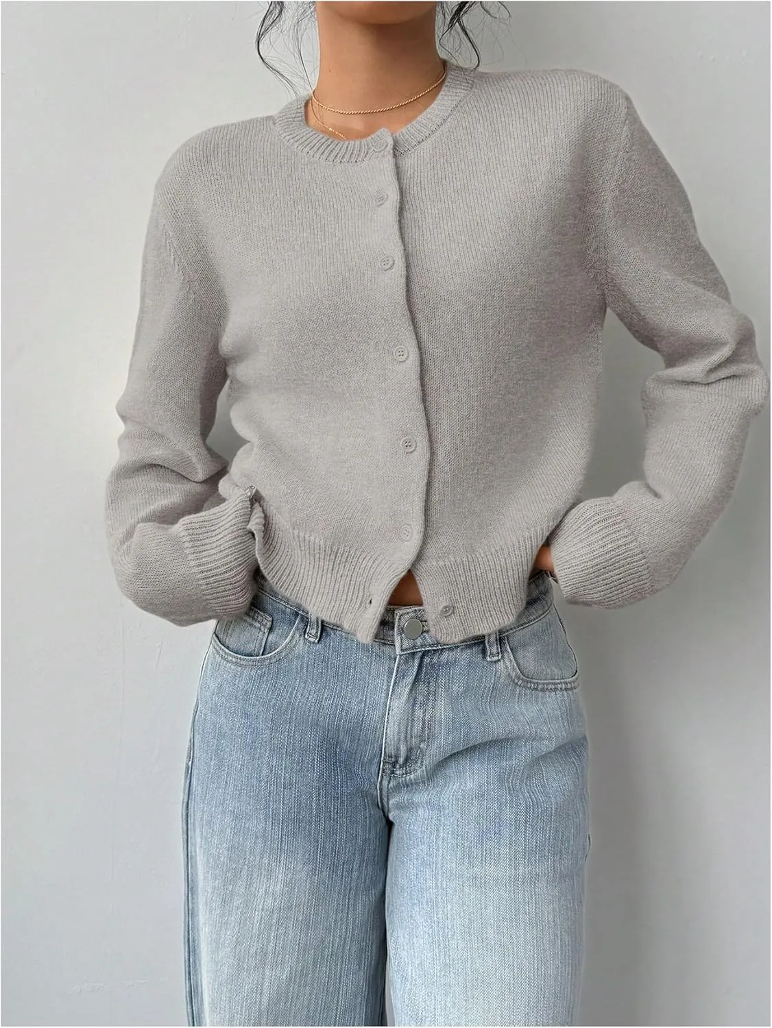 SOLY HUX Women's Button Down Long Sleeve Crewneck Crop Cardigan Sweater Cute Knitwear Clothes
