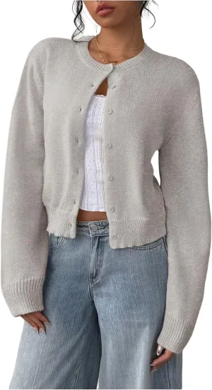 SOLY HUX Women's Button Down Long Sleeve Crewneck Crop Cardigan Sweater Cute Knitwear Clothes