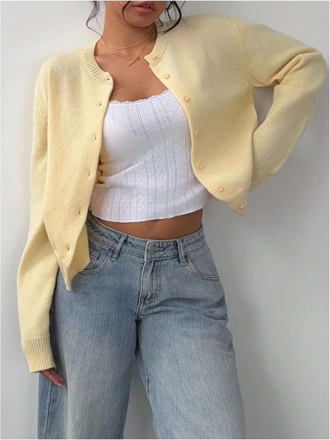 SOLY HUX Women's Button Down Long Sleeve Crewneck Crop Cardigan Sweater Cute Knitwear Clothes