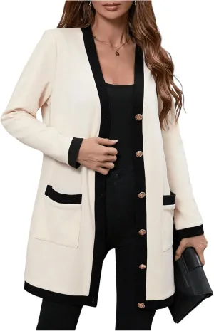SOLY HUX Women's Color Block Cardigan V Neck Button Down Long Sleeve Jacket Outerwear with Pockets