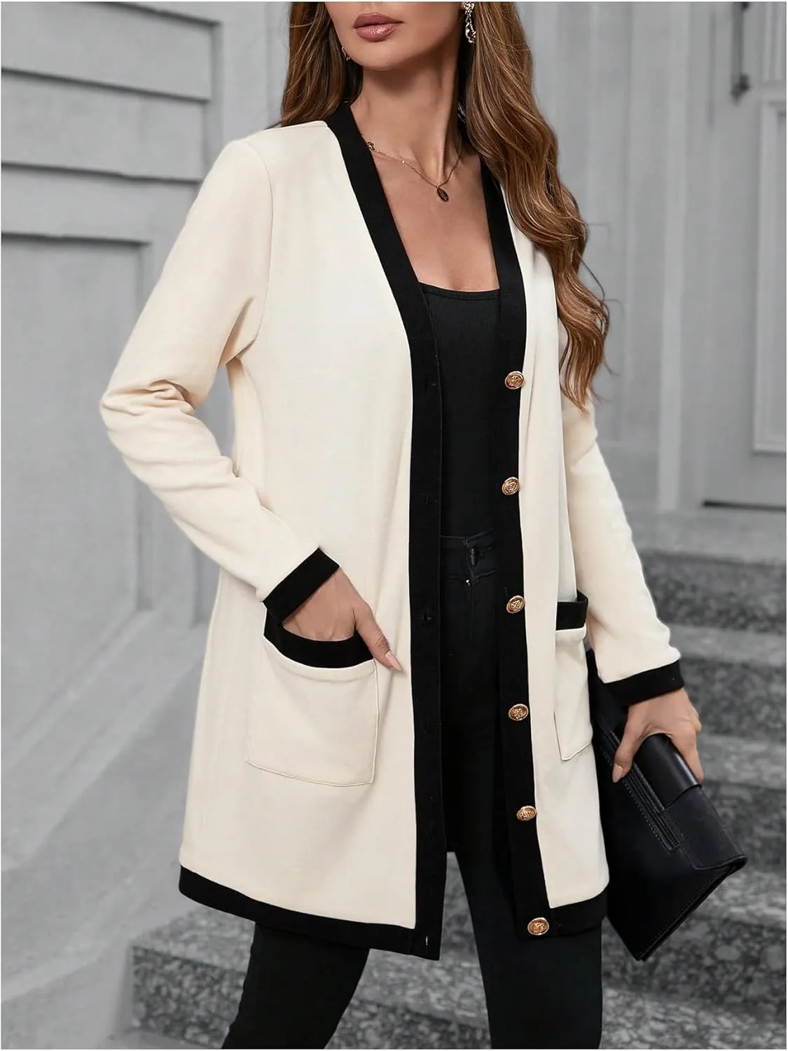 SOLY HUX Women's Color Block Cardigan V Neck Button Down Long Sleeve Jacket Outerwear with Pockets