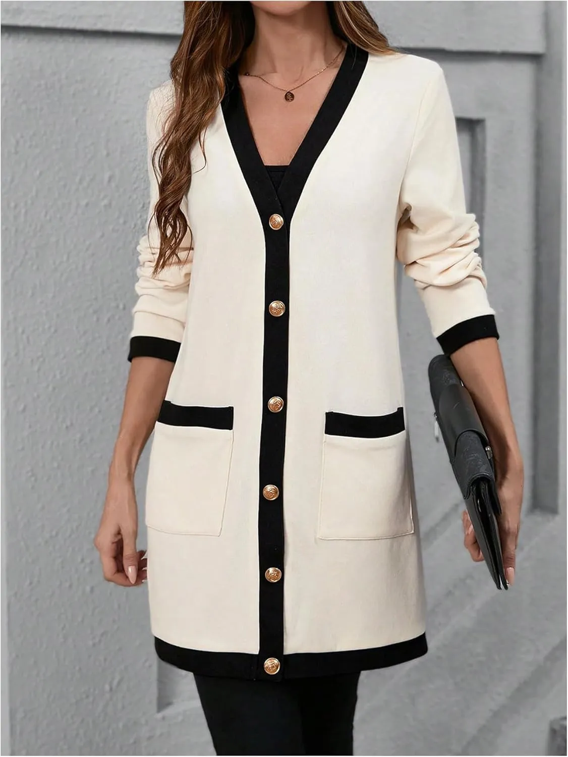 SOLY HUX Women's Color Block Cardigan V Neck Button Down Long Sleeve Jacket Outerwear with Pockets
