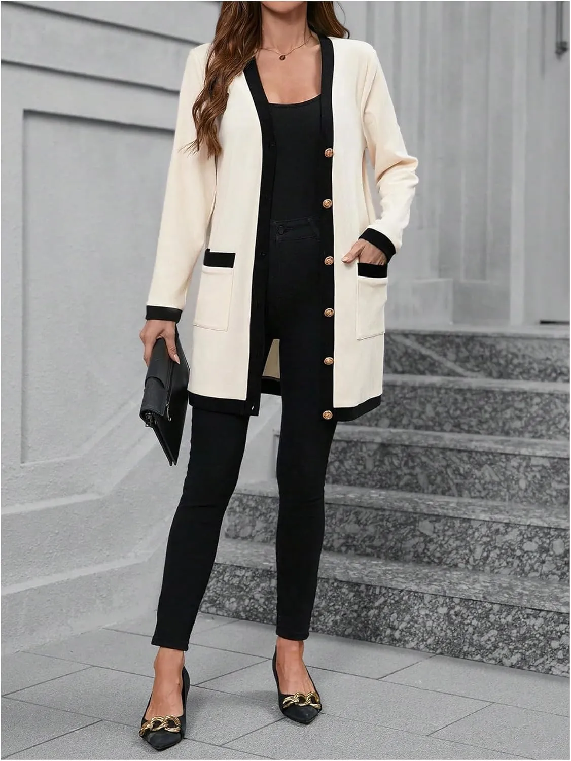 SOLY HUX Women's Color Block Cardigan V Neck Button Down Long Sleeve Jacket Outerwear with Pockets