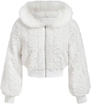 SOLY HUX Women's Faux Fur Fuzzy Cropped Jacket Zip Up Hooded Long Sleeve Warm Outerwear Coat
