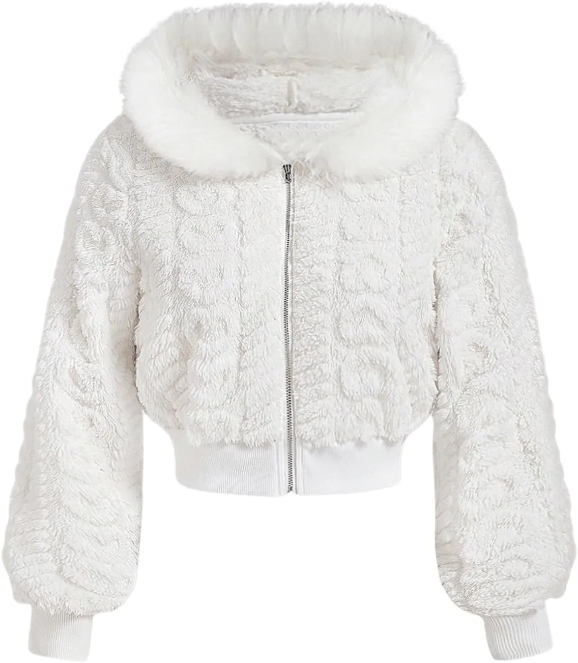 SOLY HUX Women's Faux Fur Fuzzy Cropped Jacket Zip Up Hooded Long Sleeve Warm Outerwear Coat