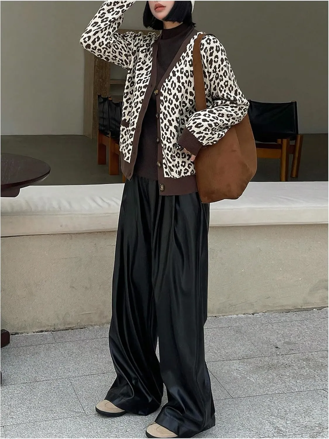 SOLY HUX Women's Leopard Print Button Down Cardigan Long Sleeve V Neck Loose Sweater Outerwear