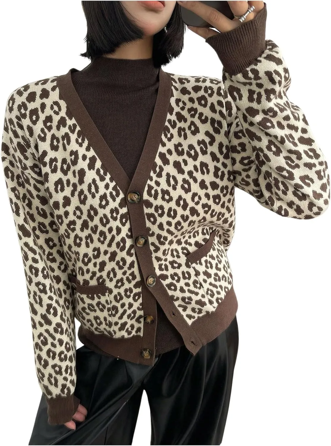 SOLY HUX Women's Leopard Print Button Down Cardigan Long Sleeve V Neck Loose Sweater Outerwear