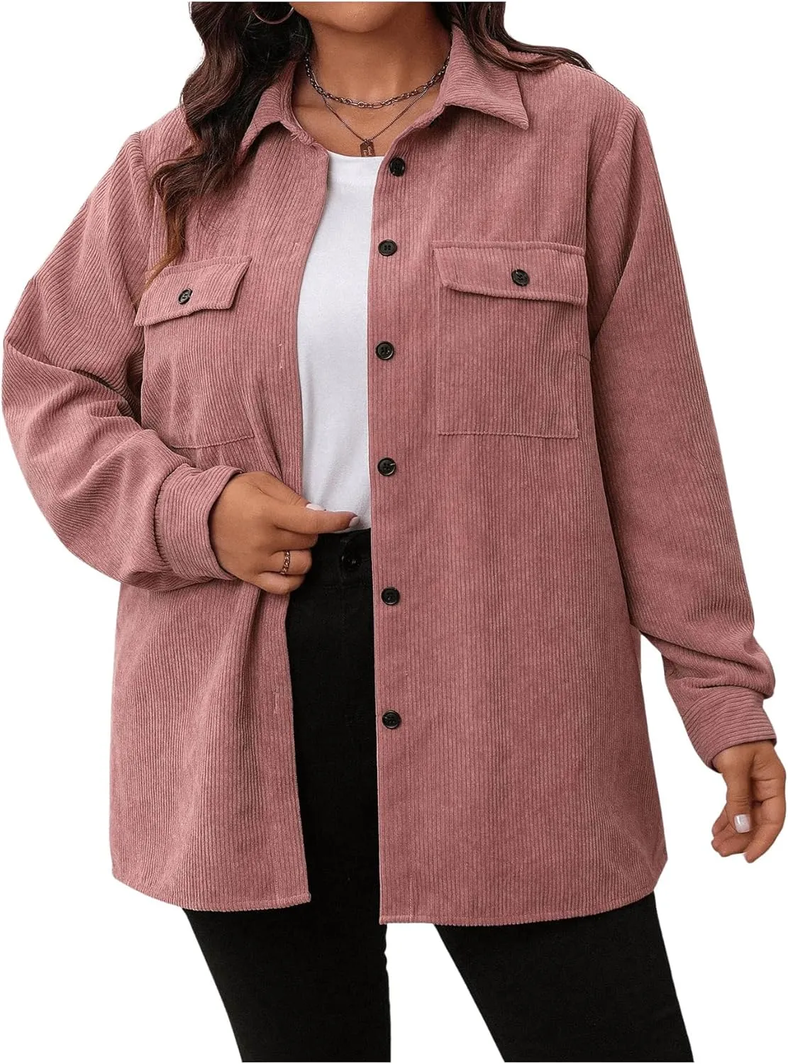 SOLY HUX Women's Plus Size Jacket Button Down Long Sleeve Flap Pocket Shacket Jacket Corduroy Outerwear